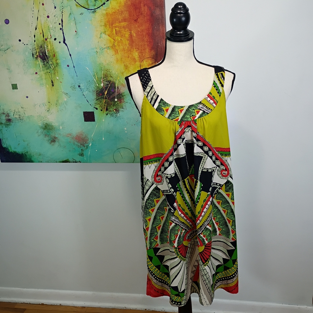 Glam Bold Geometric Print Green Sleeveless Mini Dress